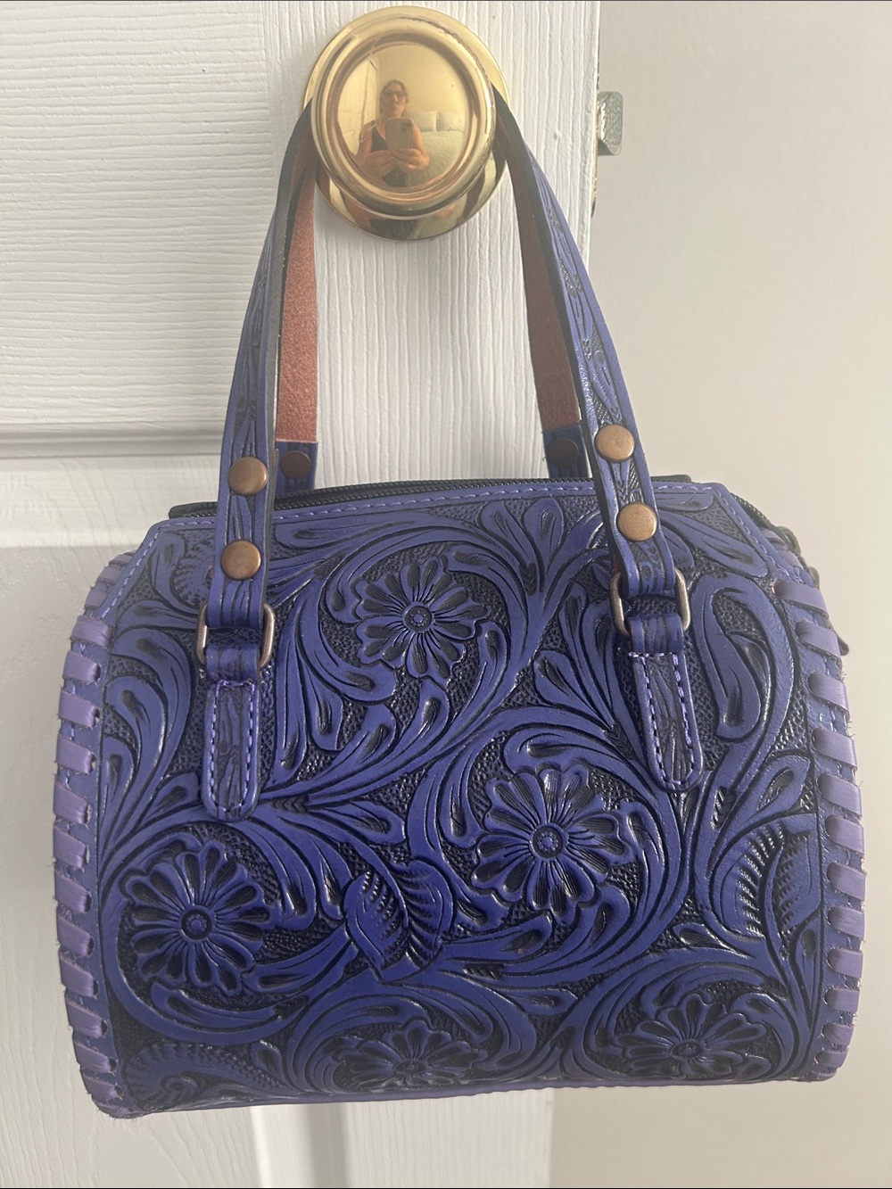 Hand-Tooled Floral Leather Satchel - Purple
